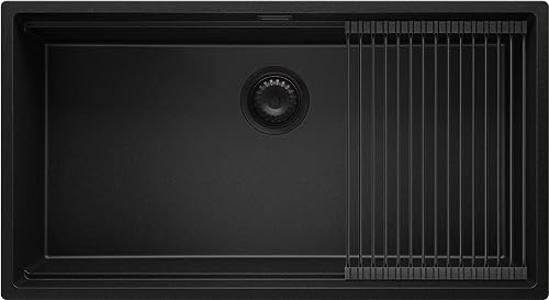 Fregadero bajo Encimera Todo Negro 86x47cm, 1 Seno + Sifón + Enrollable Escurridor, Granito al mueble 90cm - Prague de Primagran