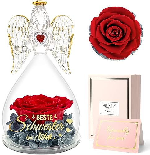 Sunia Schwester Geschenk, Beste Schwester Geschenke, Engel Figur mit Spruch Beste Schwester der Welt, Ewige Rose Engel Geschenke,Geburtstagsgeschenk für Schwester,Rose Geschenk Schwester Weihnachten