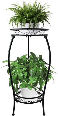 CASIMR 2-stöckiger Pflanzenständer für drinnen und draußen, 67,6 cm hoch, Metall-Topfhalter, mehrere Blumentopfständer, robustes Pflanzenregal, rostfreies Eisen, runde Stützen