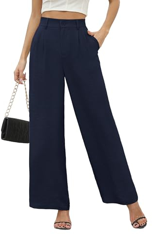 BEIGAI Damen Hosen Sommer Herbst Lockere Lounge leicht Palazzo Hose Elegant Business Job Freizeithose mit Taschen,Marineblau,XL