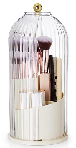 STORICANS Makeup Brush Holder Rotating Organiser with Clear Lid，Sliding Opening Dustproof Makeup Brush Case Make up Organizer Storage for Dressing Table Organiser,Vanity,Creamy Yellow