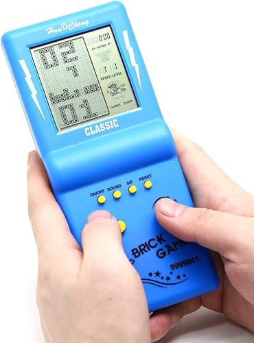 Console de Construction Grand Écran 3,5 Pouces - 23 Jeux Intégrés: Briques, Course, Char, Puzzle Classique - Vitesse/Niveau de Difficulté Réglable (Bleu)