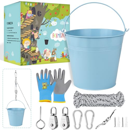 FORMIZON Poulie Enfants, Poulie avec Seau en Métal, Système de Poulie pour Enfants et Seau Pliable, Accessoires pour Cabane dans Les Arbres et Tour de Jeu, Jouets de Jardin pour Enfants de 3+