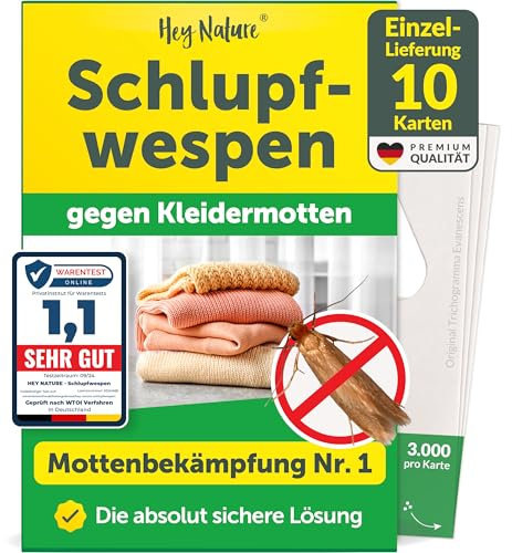 Hey Nature Schlupfwespen gegen Kleidermotten, 1 x 10 Karten. Natürlich & effektiv Kleidermotten bekämpfen mit Schlupfwespen gegen Motten. Alternative zu Mottenkugeln, Mottenspray & Lavendel