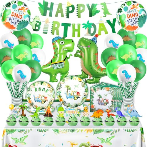 Dino Geburtstag Deko Kindergeburtstag Geschirr Jungen- 95Pcs Dinosaurier Partygeschirr Set mit Luftballon Balloon Geburtstagsdeko Banner Girlande Pappteller Tortendeko Birthday Party Deko für 10 Gäste