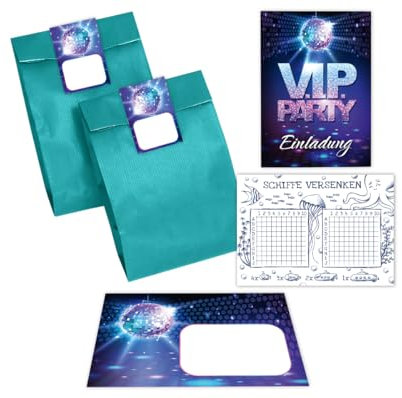 Minkocards 6 Einladungskarten incl. 6 Umschläge zum Geburtstag Hochzeit Jubiläum Kindergeburtstag VIP Disco Jungendliche Erwachsene incl. 6 Umschläge, 6 Tüten/petrol, 6 Aufkleber, 6 Schiffe versenken