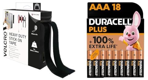 VELCRO Brand Heavy Duty Stick On Tape Cut-to-Length Industrial Extra Strong Double Sided Hook & Duracell Plus AAA Batteries (18 Pack) - Alkaline 1.5V - Up to 100% Extra Life