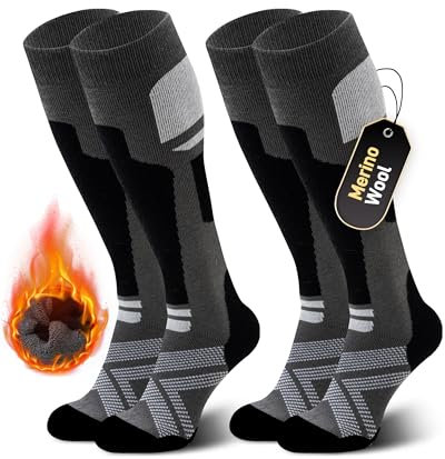 Niorasen Merino Wool Ski Socks Men Unisex, 2 Pairs Thermal Knee-High Socks for Winter, Full Cushion Thick Socks, Skiing, Snowboarding, Outdoor Sports, Hunting, Hiking, Black 2 Pairs, UK 3-8