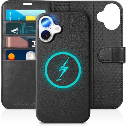 TUCCH Hülle für iPhone 16 [Abnehmbar] 2-IN-1 Magnetische Handyhülle [Kabelloses Laden] [Kartenfach] Klapphülle [RFID Blocker] Schutzhülle Etui Kompatibel mit iPhone 16 5G 2024 (6,1 Zoll), voll Schwarz