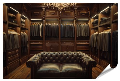 islandburner Prime Bild Poster Luxuriöser begehbarer Kleiderschrank mit eleganten Holzregalen voller Anzüge Jacken und stilvollem Ledersofa Premium Bilder Fotodruck
