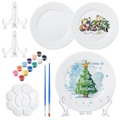 Affrolling Porcelain Painting Kit: 2 Plates, 12 Paints, 2 Brushes, 2 Stands, 1 Palette - DIY Art Craft Kit for Adults