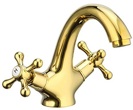 Robinet de lavabo de salle de bain de luxe avec double support, robinet de lavabo à trou unique en plaqué bronze et finition dorée