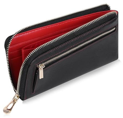 VISOUL Portafoglio Lungo in Vera Pelle da Uomo con Blocco RFID, Portafoglio con Cerniera Pochette in Pelle di Grande Capacità con 12 Slot per Schede Nero+Rosso