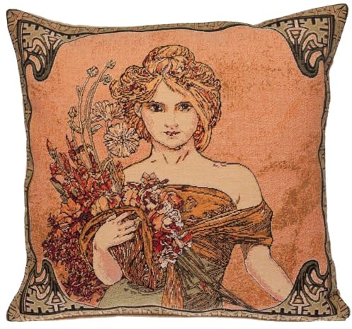 Home of Christmas Kissenbezug 45x45 cm Gobelin Kissen Kissenhülle Sofakissen Dekokissen (Frühling Alphonse Mucha)