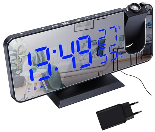 Lancoon Projektionswecker mit Funk Digitaler Nachttischuhr mit Adapter 12/24H Modus Temperatur Luftfeuchtigkeitsanzeige