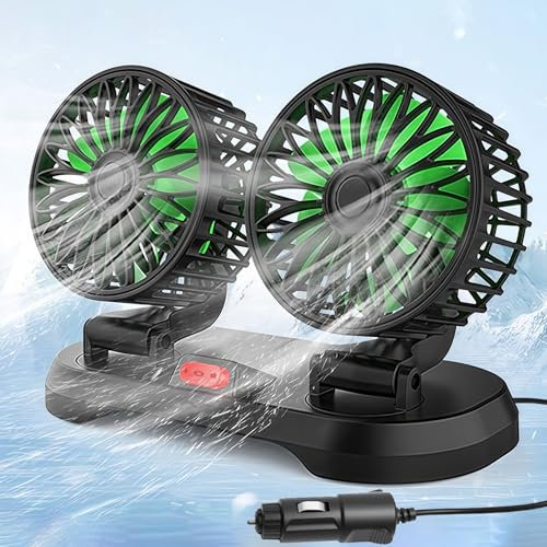 Sunshine smile Auto Ventilator für Rücksitz,12V Doppelkopf Auto Lüfter,Doppelkopf 360° drehbar Auto Fan Ventilator,2 Geschwindigkeiten Kühlender Ventilator Wohnmobil,Mini Ventilator Auto Innenraum