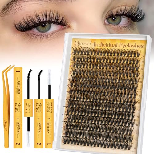 Quewel Extension-Cils, 280 PCS 40D Kit-Extension-Cils, longueurs mixtes 12-18 mm, grappes de cils épais avec colle et pince à cils, bricolage facile à la maison (kit 40D)