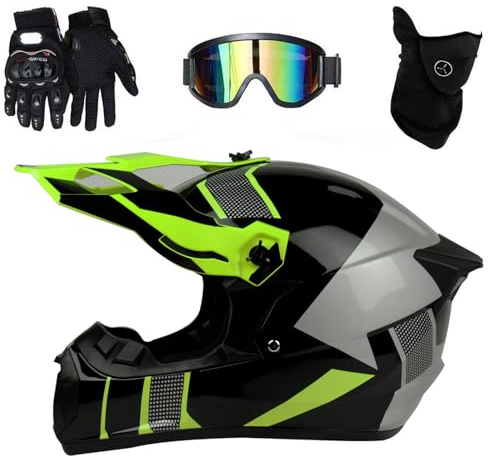 Motorradhelm Downhill Komplettset Kinder - Offroad Helm mit stylischem Heckflügel-Design, Vollvisier, Kinnschutz & Panorama-Brille + Atmungsaktivmaske für Dirt Bike/Quad/MTB(Bright Yellow,M(54~55cm))