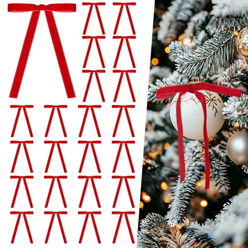 Miaikoe 24 Stück Samt Bügen für Weihnachtsbaum Rustikale Samt Weihnachtsornamente Rustikale Bügen für Tür Girande Kranz Geschenk Party Dekoration (Breite von 1cm, Rot)
