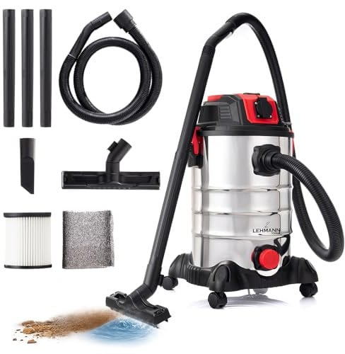 LEHMANN Nass Trockensauger mit 30L Metallbehälter, 1500W, Industriestaubsauger mit Gerätesteckdose, Blasfunktion, HEPA und Schaumfilter, Filterrüttler, Allessauger für Werkstatt und Baustelle