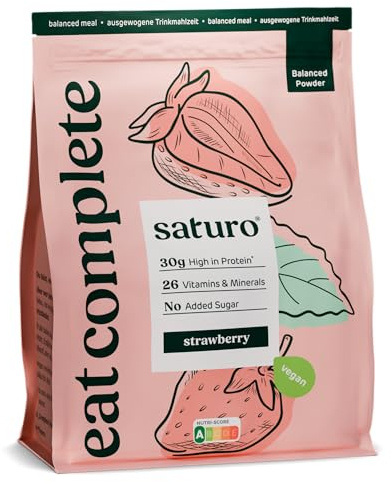 Saturo Trinkmahlzeit - Vegane Trinknahrung als Mahlzeitersatz - Strawberry | Blanced Powder mit reichlich Protein & 5600 kcal | Pulver mit wertvollen Nährstoffen | 14 Shakes, 1,4kg
