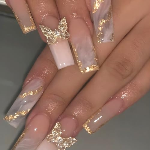 Viugex 24Pcs Long Coffin Press on Nails, Ballerina Pink White French False Nails with Glitter Gold Butterfly, Square Fake Nail Acrylic Full Cover Stick on Nails for Women Daily Wedding Wear