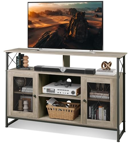 WLIVE TV Stand Cabinet for 55 TV, 82cm Tall TV Unit, with 2 Doors,Grey Oak | Wooden Sideboard, Buffet Table,5 Different Height for Adjustable Shelves, for Living Room, Dining Room, Bedroom, 128x36x82cm