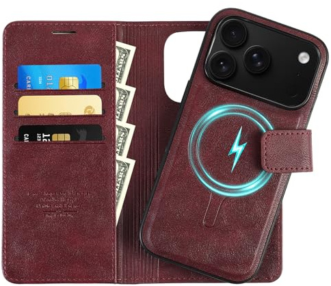 Vauki 2-en-1 Coque pour iPhone 17 Pro Max Magnétique Détachable, Premium en Cuir PU Étui Portefeuille avec Fentes pour Cartes RFID Blocage, Antichoc Housse Protection Case - Rouge