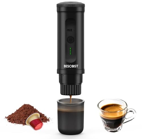 BESCOST Macchina Caffè Portatile 20 Bar, Auto-Riscaldamento 3 Min, Batteria 9600mAh USB-C, Compatibile con Capsule NS e Caffè Macinato,Libertà di Espresso Ovunque Campeggio Auto Camper Barca Ufficio