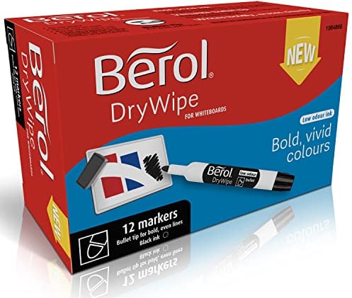 Berol Dry Wipe Whiteboard Marker Pens | Bullet Tip | Black Ink | 12 Count