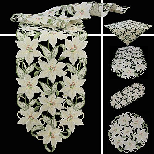 Quinnyshop Weiße Lilie Stickerei Tischdecke Tischläufer ca. 35 x 70 cm Oval Polyester, Weiß Grün