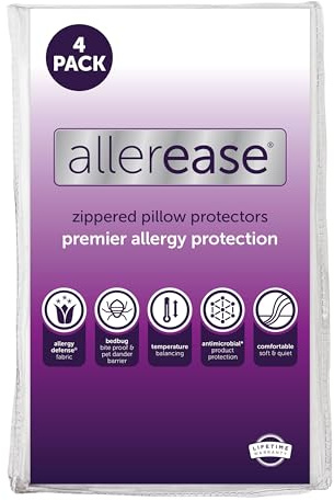 Set of 4 Standard/Queen AllerEase Pillow Protectors - Temperature Balancing, Allergist Recommended - Premium Breathable, Zippered Protectors
