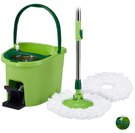 Relaxdays Mocio con Secchio e Pedale, Sistema a Centrifuga, Asta Telescopica, 2 Teste Rotanti a 360°, Metallo, Verde/Argento, HxLxP: 28x44x29 cm