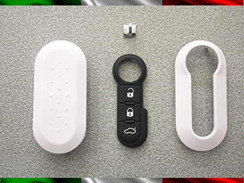 TopBest Cover Chiave Guscio + Tasti Tastini In Gomma + Gancio Portachiavi Compatibile Con Fiat 500 Grande Punto Evo Bravo Panda 500l Lancia Y Ypsilon Musa Delta Scocca Bianco