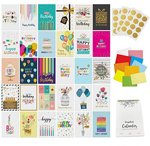 Dessie 30 Unique Happy Birthday Cards - 30 Gold Foil Birthday Cards Bulk With Message Inside. 32 White and Colored Envelopes, Perpetual Birthday Calendar and Gold Sealing Stickers Included In Box