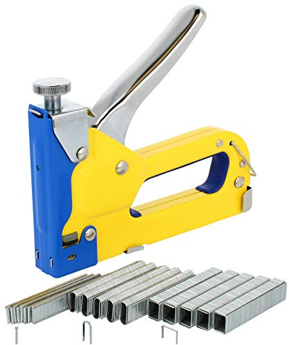 COM-FOUR® 3-Wege Handtacker Set für Heftklammern in verschiedenen Größen und Stift-Nägel - Tackerpistole zum fixieren - Stift-Nagelpistole (01 Stück - blau/gelb)