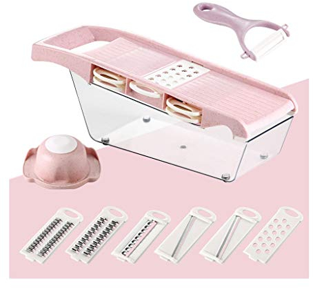 Liangzishop Gemüsehobel Haushalt Gemüse Chopper Küchenreibe, Edelstahl 6 in 1 Nahrung Dicer Mandolinist Slicer mit großen Containern (Color : Pink)