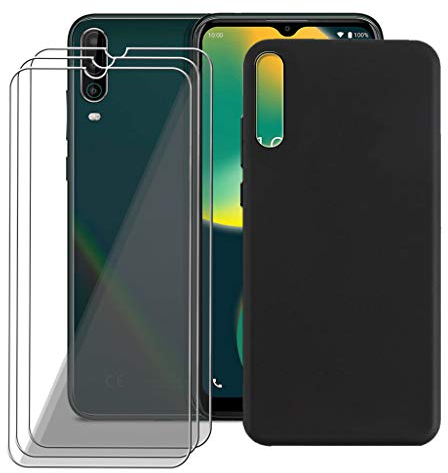 CXKJ Handyhülle für Wiko View 4 (6.52 Zoll) Silikon Hülle + [3 Stück] Schutzfolie,Schwarz TPU Weiche Schutzhülle Bumper Case Handyhülle mit 9H Gehärtetes Glas Film - Schwarz