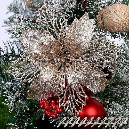 Yueshop 10Pcs Large Glitter Poinsettia 16CM Christmas Flowers Decor Ornament - Artificial Tree Ornaments Decorative (Champagne)
