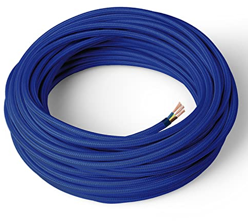 Amarcords - Cavo elettrico tessile colore BLU tondo seta 3 metri con messa a terra 3x075mm - Filo rivestito in tessuto colorato vintage per lampade lampadari applique e abat jour.