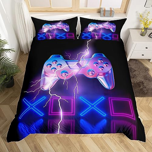 Homemissing Gaming Housse de Couette Gamer Parure de Lit 140x200cm pour Kids Room Decor Youth Lightning Jeux Vidéo Parure Housse de Couette Gradient Gamepad Léger avec 1 Taie d'oreiller