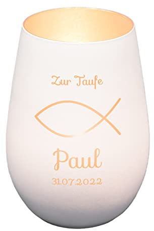 Windlicht mit Gravur zur Taufe | Weiß/Silber | Motiv Fisch | Geschenk zur Taufe Junge Mädchen | Tischdeko und Taufgeschenk personalisiert | Kerzenhalter | Teelichtglas | Teelichthalter