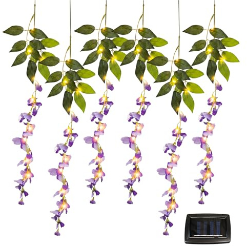 Gardenwize Solar Powered LED Hanging Flower Lights – Purple Wisteria Design, IP44 Waterproof Outdoor Decorative Garden, Fence & Porch Lights, Wind Resistant, Automatic Night Lighting