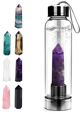Tyuodna Crystal Quartz Glass Water Bottle, Portable Proof Leak Gemstone Bottle 550ml (Amethyst)