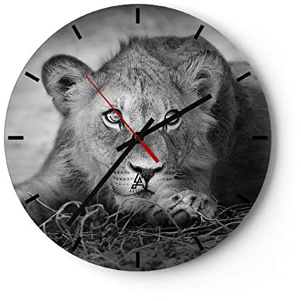 Modern Wanduhr Löwe asiatisch Porträt 40x40cm Rund Groß Wand Uhr Glas Analog Zimmeruhren Küche Büro Wohnzimmer Glasuhr Wall Clock Dekoration Design Wanddekoration Küchenuhr C3AR40x40-4840