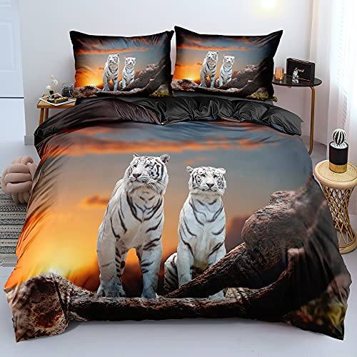 DXHOME Tiger Bettwäsche 135x200 Tiermotiv 3D Effekt Bettwäsche Gelb Weiß Weich Komfort Mikrofaser Wendebettwäsche 2 teilig für Jungen Kinder Einzelbett mit Reißverschluss und Kissenbezug 80x80 cm
