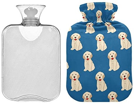2L Hot Water Bottle with Cover, Labrador Golden Retriever Dog Hot Water Bag for Hand Feet Warmer, Classic Transparent Warm Water Bottle for Menstrual Cramps, Neck and Shoulder Pain Relief