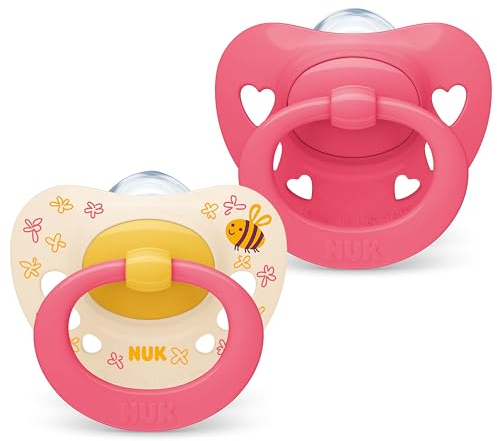 NUK Signature Babyschnuller | 6-18 Monate | Beruhigt 95 % der Babys | BPA-freie Silikonschnuller in Herzform | Mit Etui | Rosa Herzen | 2 Stück