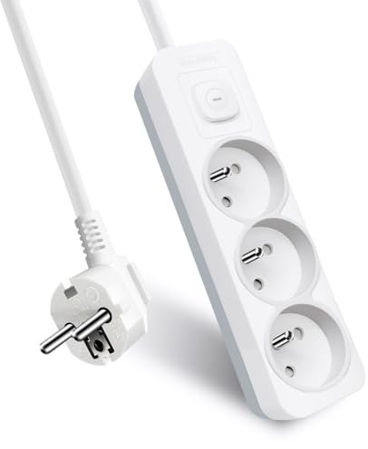 Extrastar Multiprise 3 Prises avec Interrupteur, 2P+T, Bloc 3 Prises, 3G1,0 mm² 1,5m Rallonge, Sécurité Enfant, Gris et Blanc, 16A 250 V