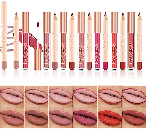 RoseFlower 6 pcs Matte Nude Lip Liner + 6 pcs Lipstick Makeup Set, Liquid Lipstick 24H Non-Stick Cup Not Fade Waterproof Nude Lipstick Makeup Kits Velvety Nude Lipliner Lip Gloss Make Up Gift Set#B